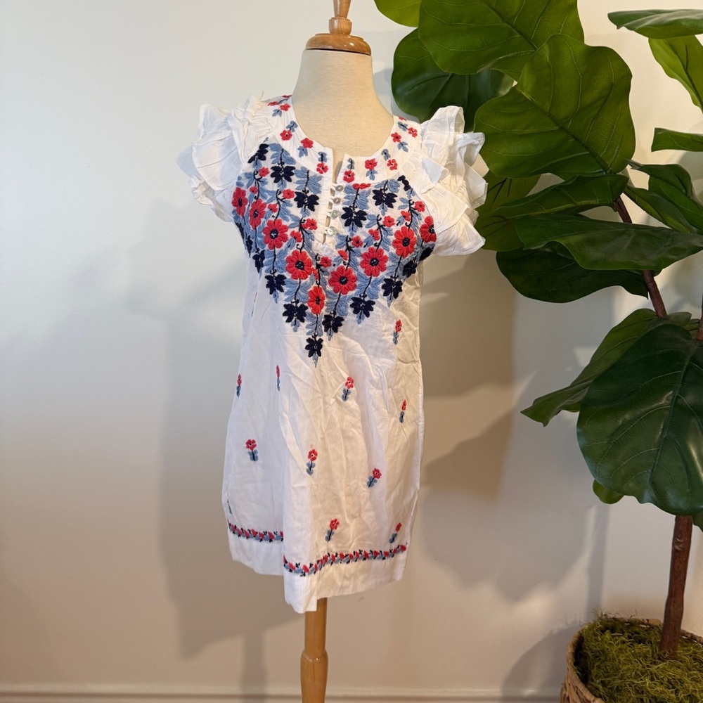 Mexican White Dress with Floral Embroidery